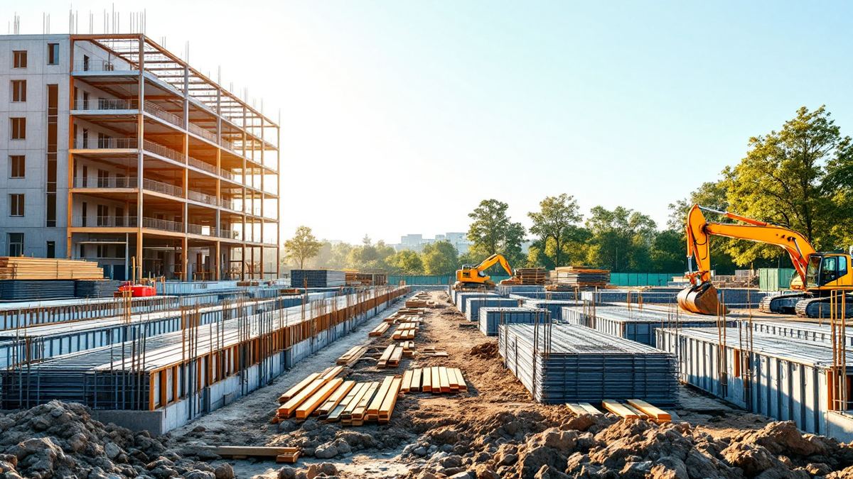 A hospital construction site with rebar foundations, stacked materials and yellow excavators in morning light
