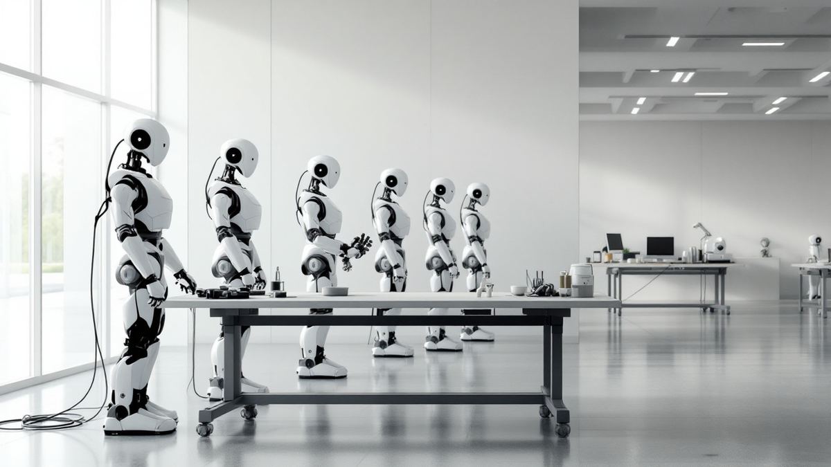 A row of white humanoid robots standing beside a workbench in a bright robotics showroom