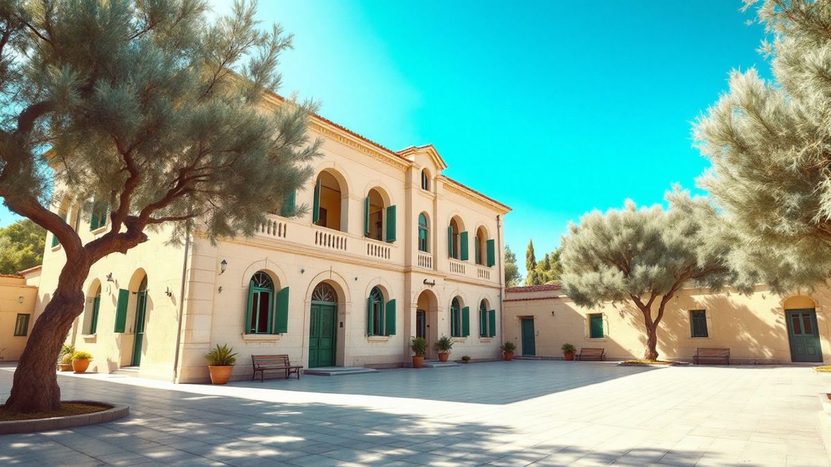 A sunlit school courtyard with olive trees in front of a pale stone school building with green shutters