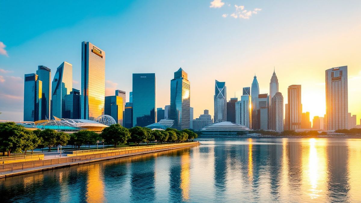 The Singapore business district skyline glowing at sunrise across calm Marina Bay water