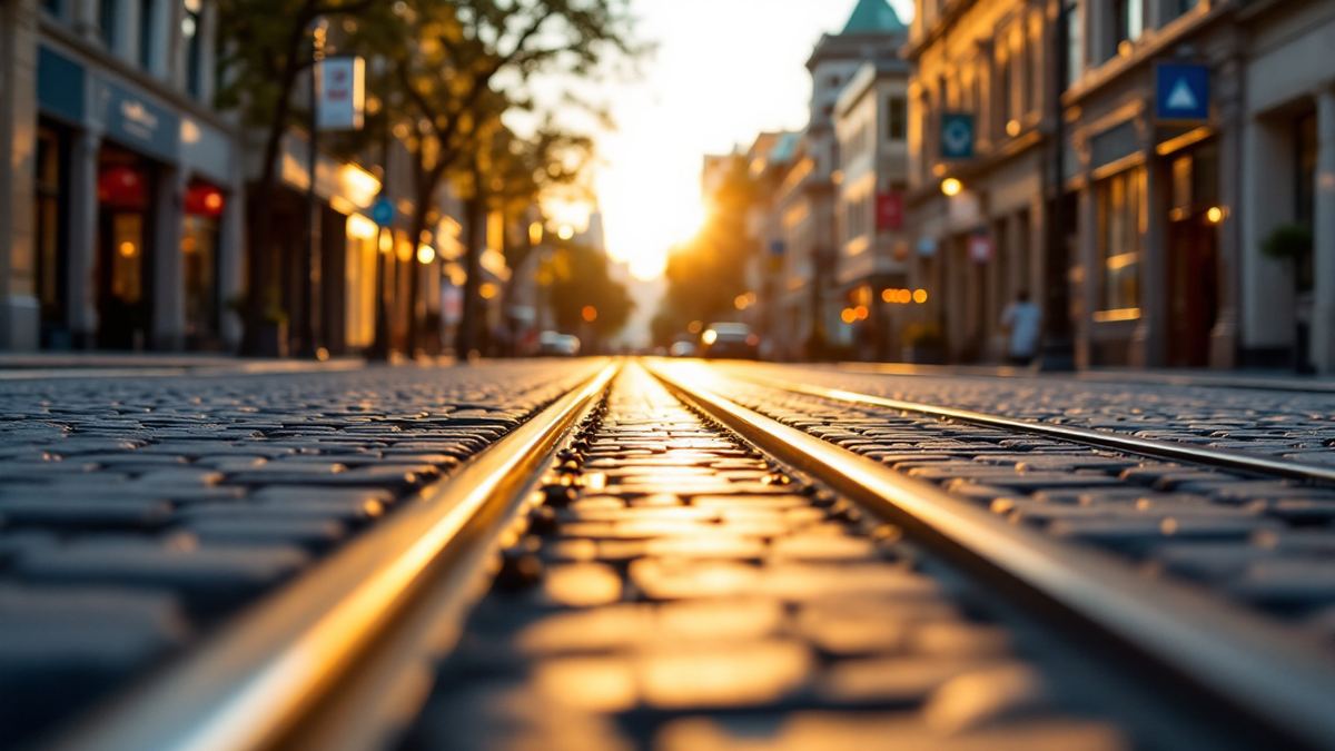 Low angle view of steel tram tracks on a cobbled Melbourne street catching the sunrise