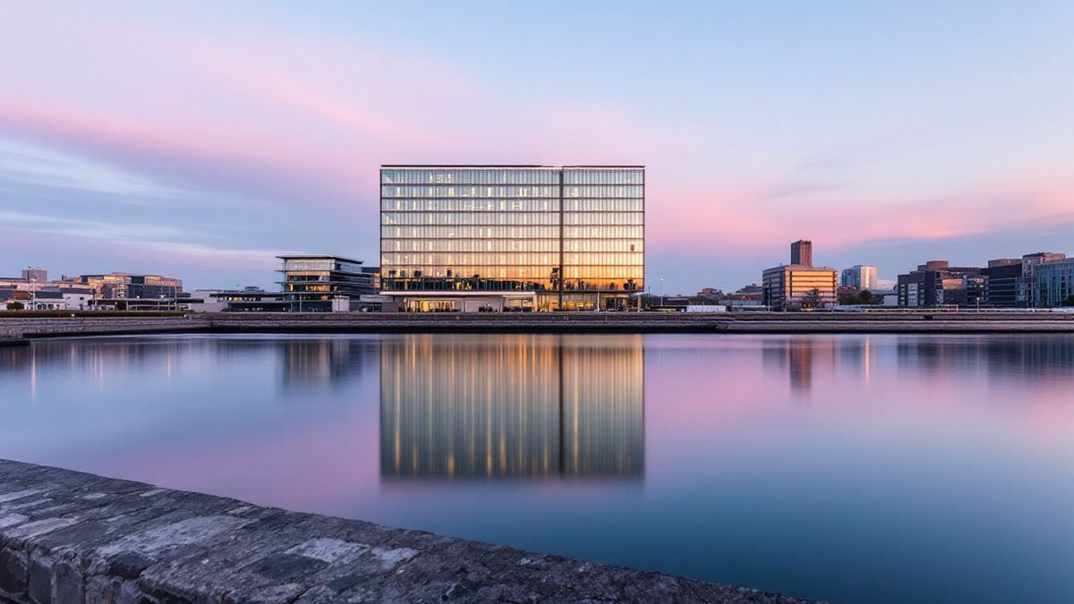A modern glass office building reflected in calm Cardiff Bay water at dawn