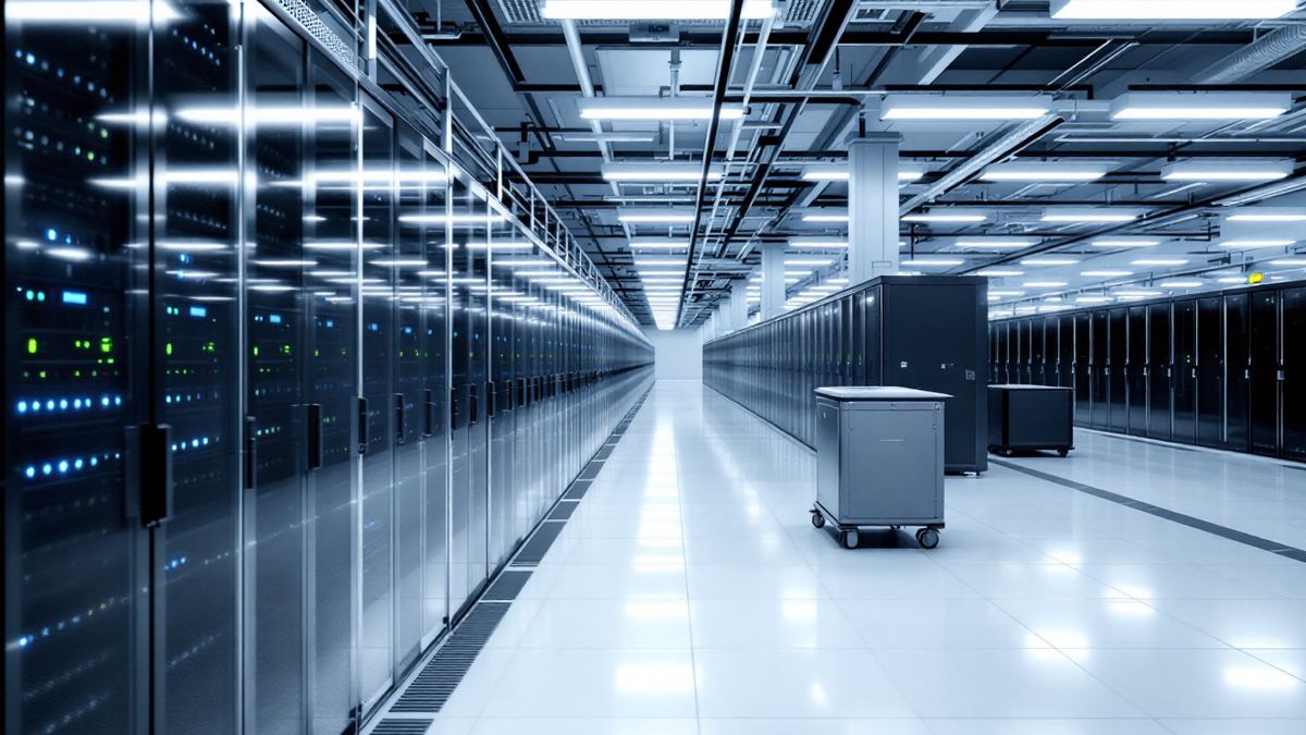 A long aisle of black server racks with small status lights in a bright cloud data centre