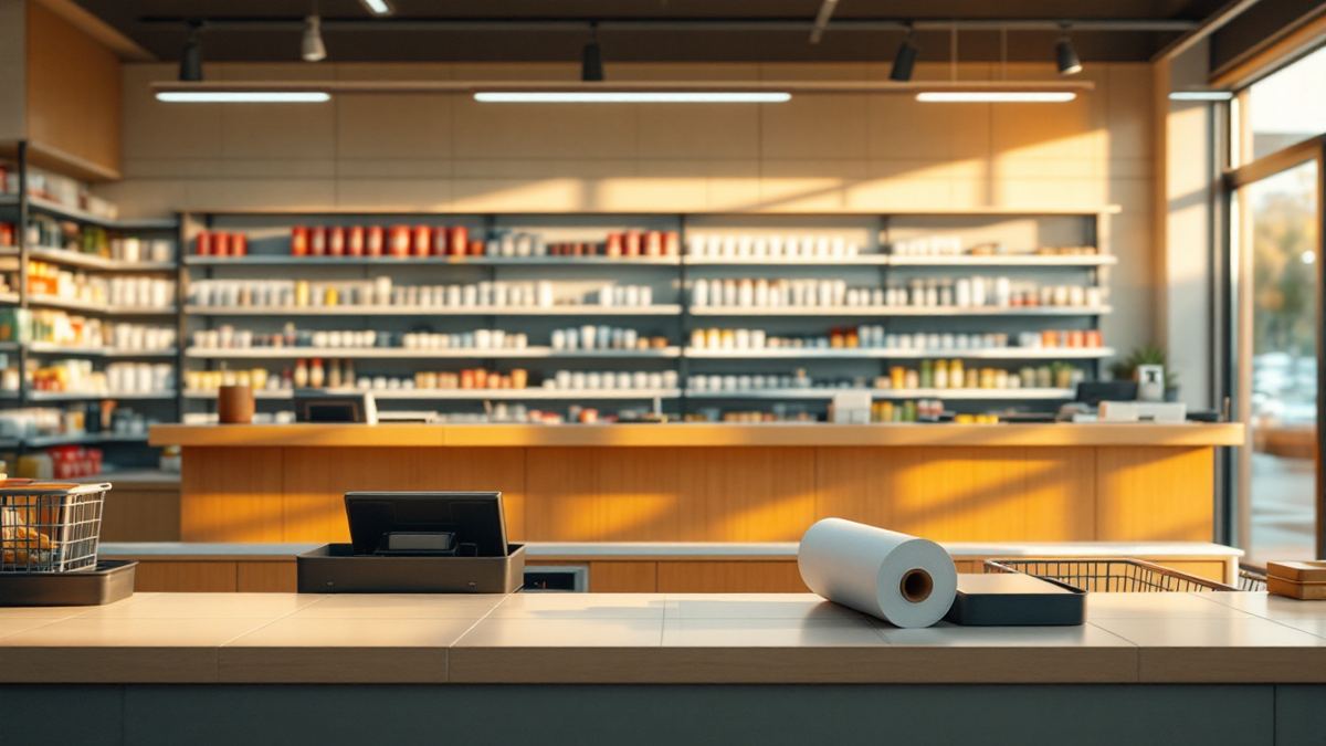 A tidy convenience store checkout counter with stocked shelves behind it in morning light