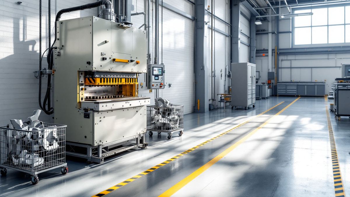 A pale grey metal stamping press beside wire baskets of freshly pressed car parts in a factory