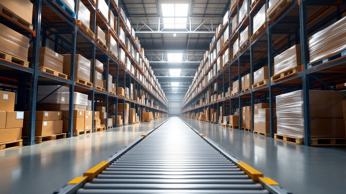Long aisles of tall pallet racks stacked with wrapped boxes beside a roller conveyor in a bright warehouse