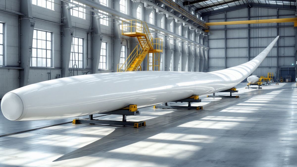 A long white wind turbine blade resting on steel supports inside a bright factory hall