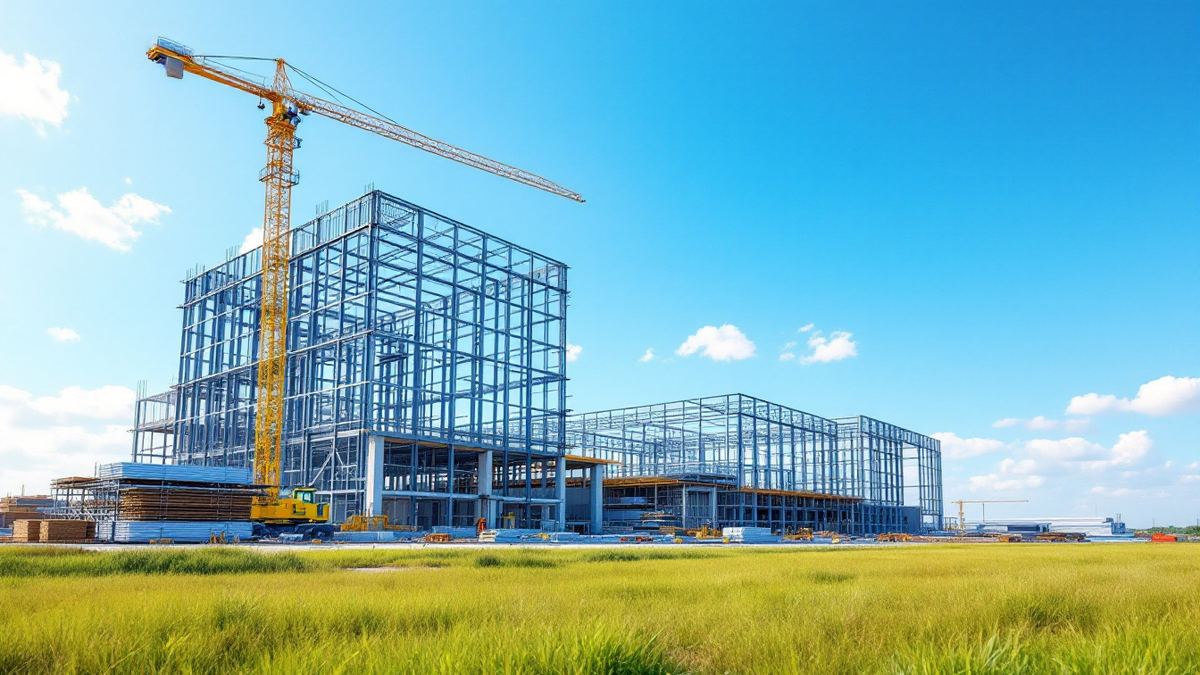 A tower crane beside the steel frame of a large factory under construction on a sunny day