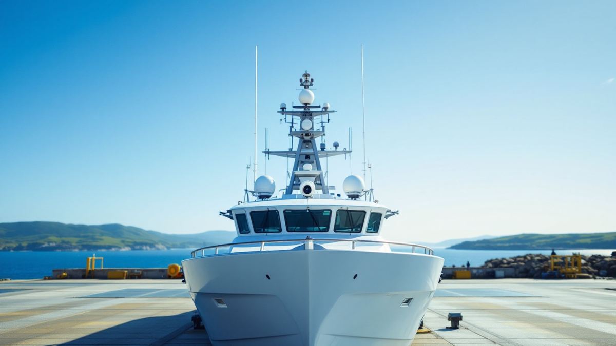 A white uncrewed survey boat with radar domes and antennas on a harbour slipway under a clear sky