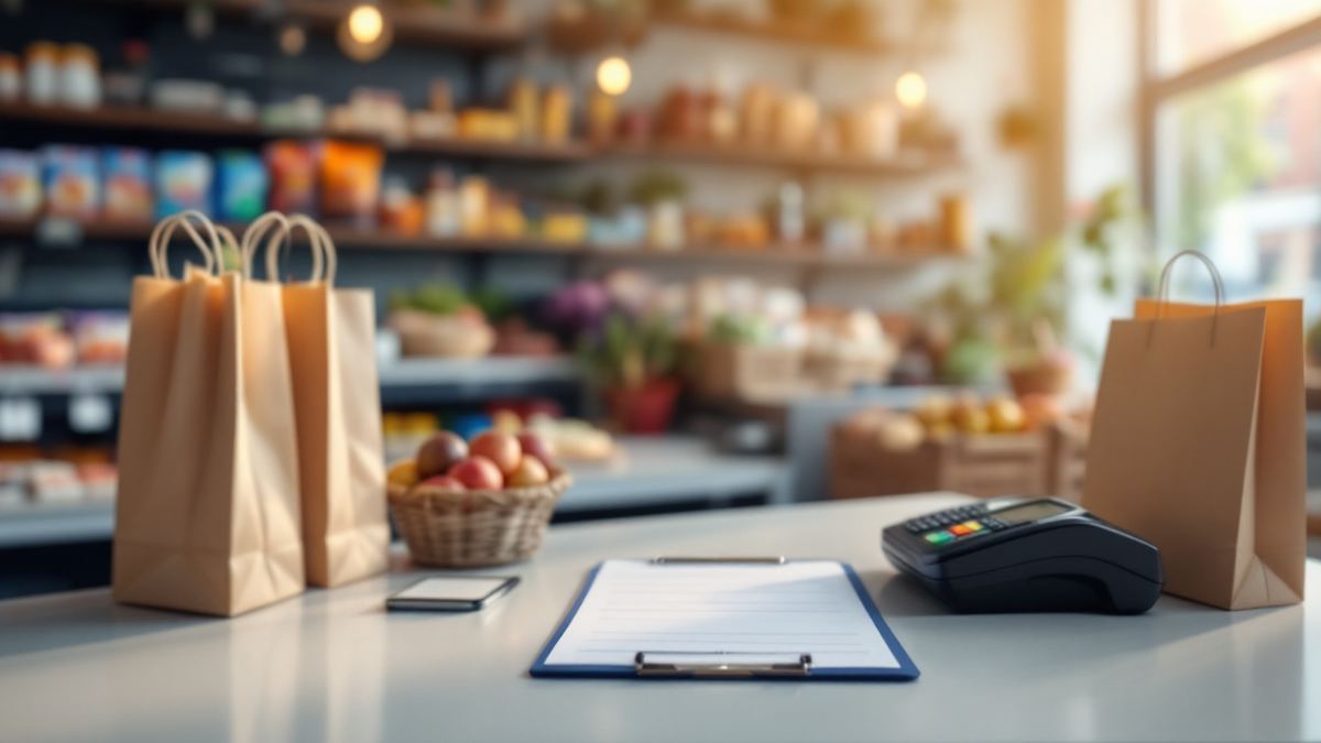 A shop counter with paper bags, a card reader and a blank clipboard in a small grocery store