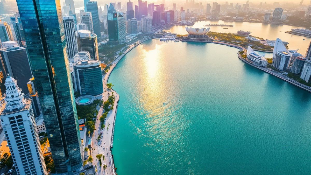 Aerial view of the Marina Bay financial district towers and turquoise bay water in Singapore