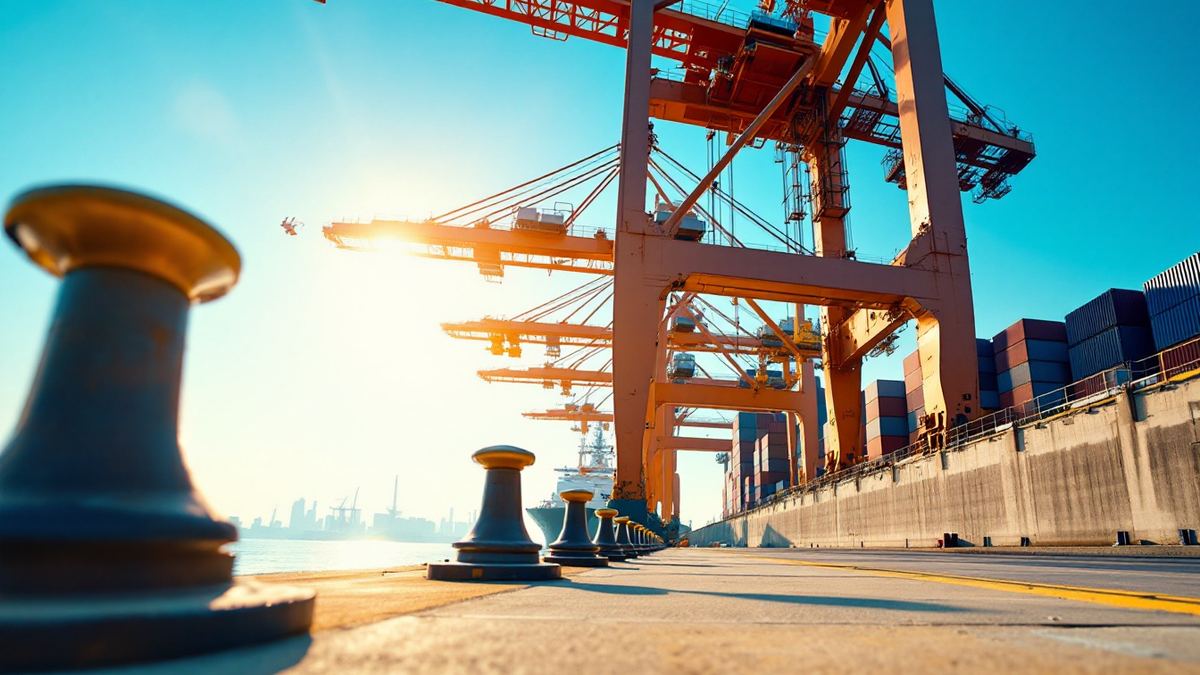 Low angle view of mooring bollards and orange container cranes on a sunny port quay