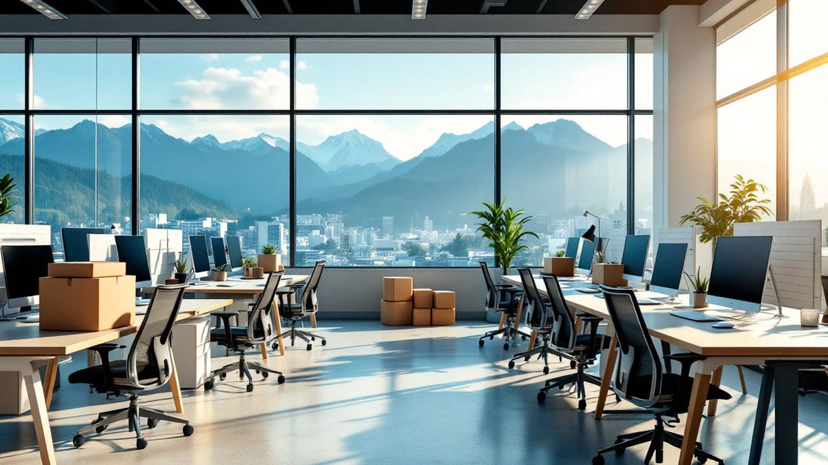 Empty desks and moving boxes in an office with large windows looking out on snowy mountains