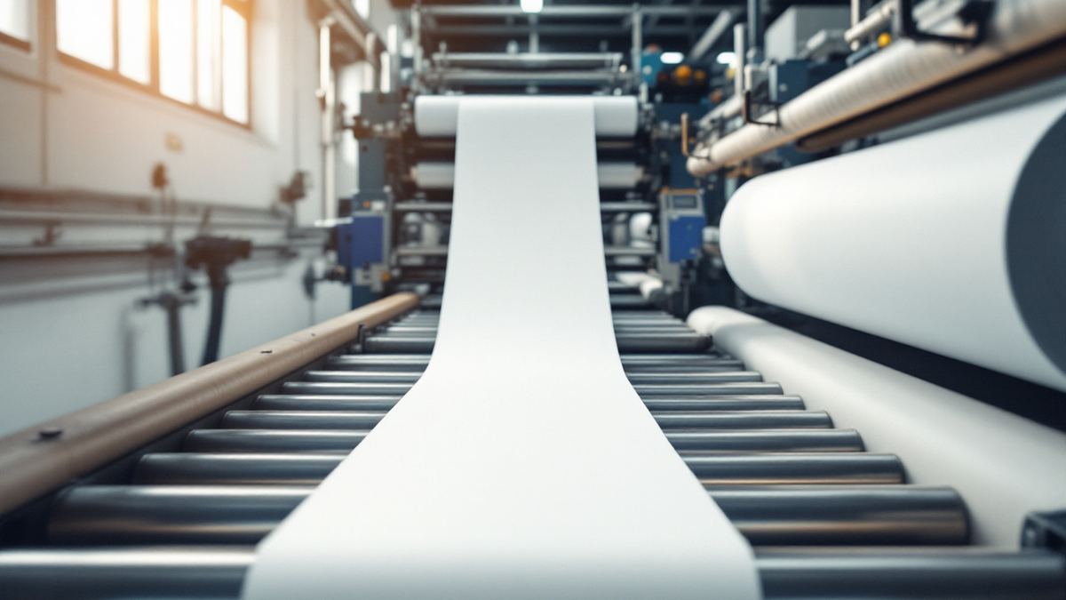 Blank white newsprint running over steel rollers inside a newspaper printing press