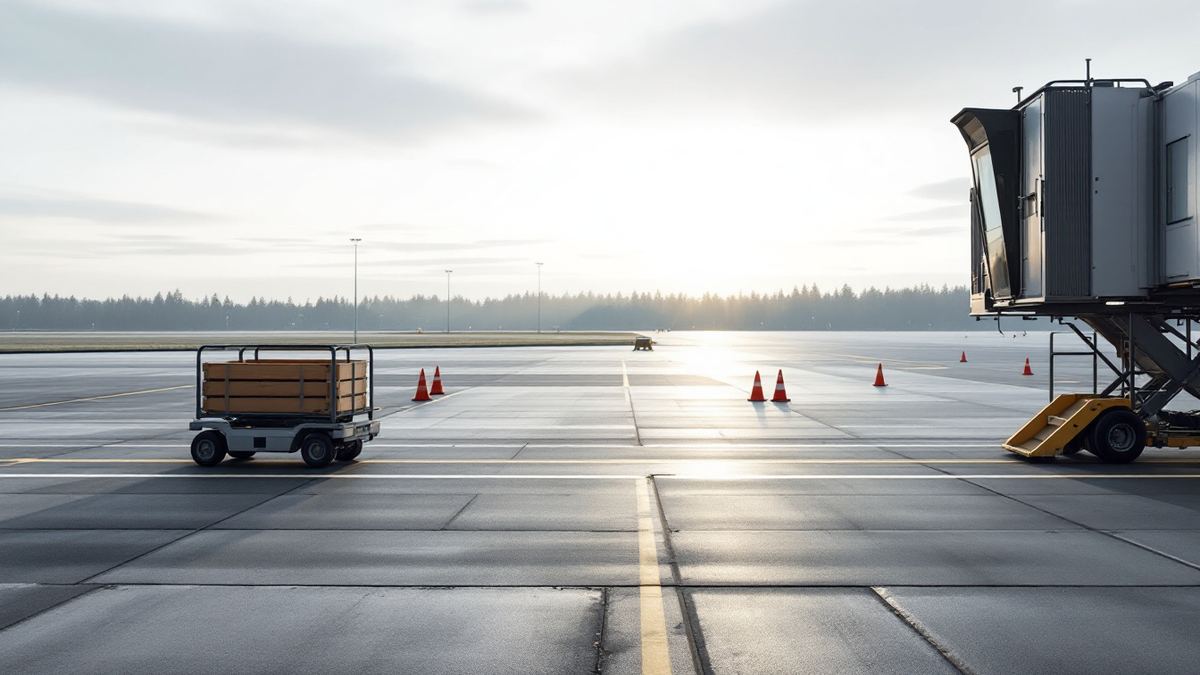 An empty airport apron at dawn with a baggage cart, traffic cones and a jet bridge