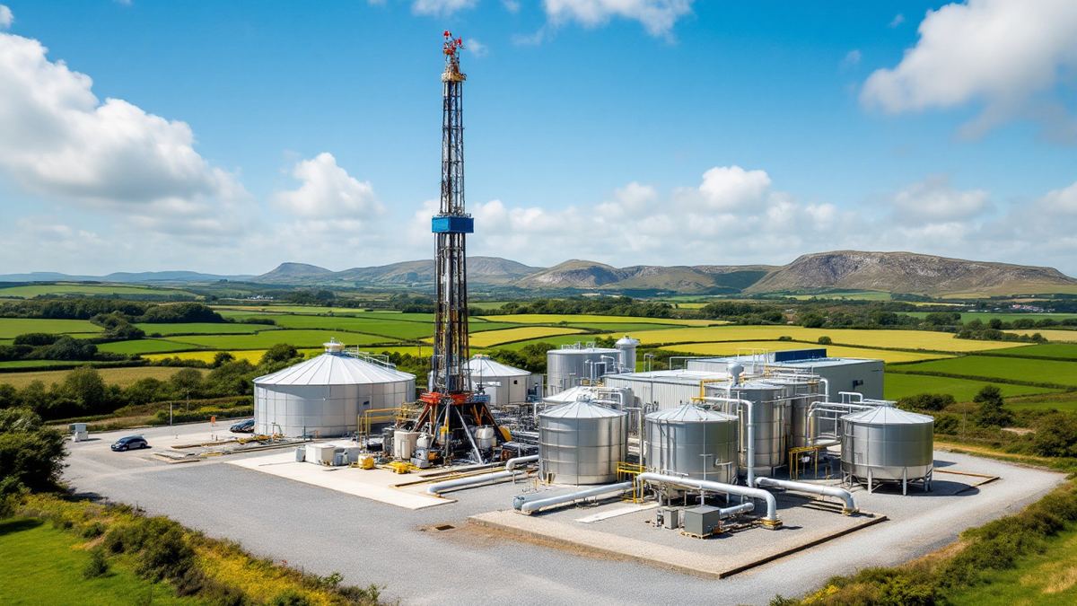 A drilling rig and steel process tanks at a lithium extraction plant set among green fields and hills