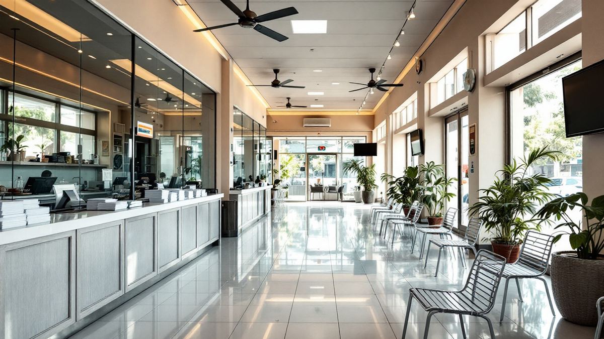 An empty bank branch with a long service counter, steel waiting chairs and ceiling fans