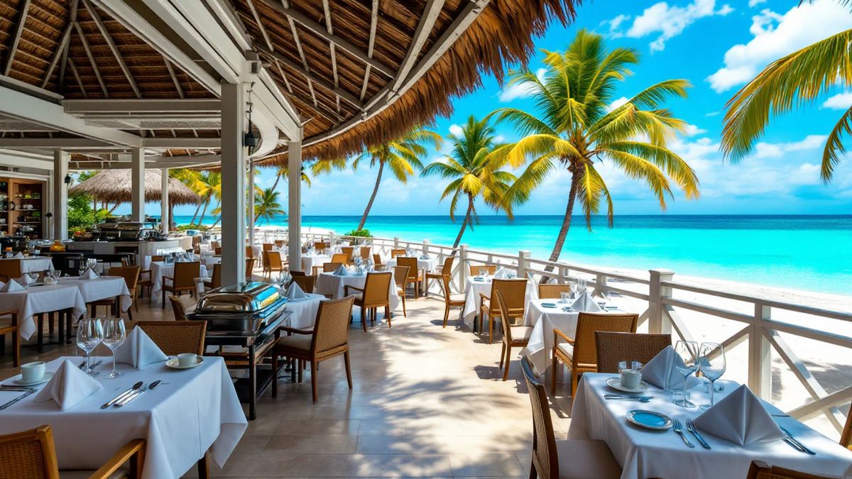 Breakfast tables with white cloths on an open-air resort terrace facing a turquoise sea and palm trees