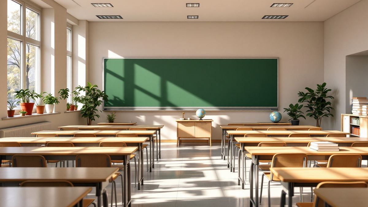 An empty classroom with rows of wooden desks facing a green chalkboard in morning sunlight