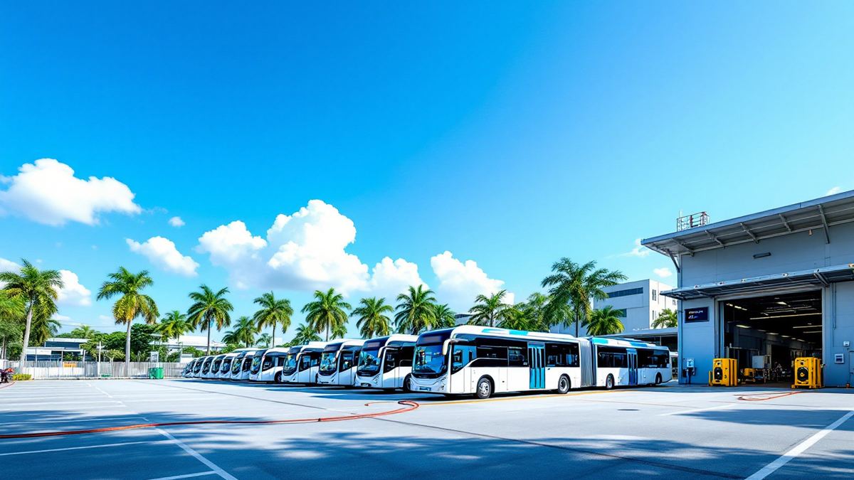 A row of white electric buses parked at a sunny bus depot beside an open maintenance bay