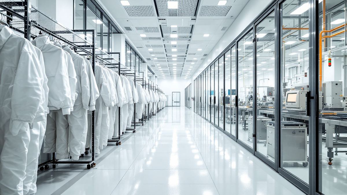 White cleanroom suits on racks beside a glass wall looking into an empty semiconductor fab