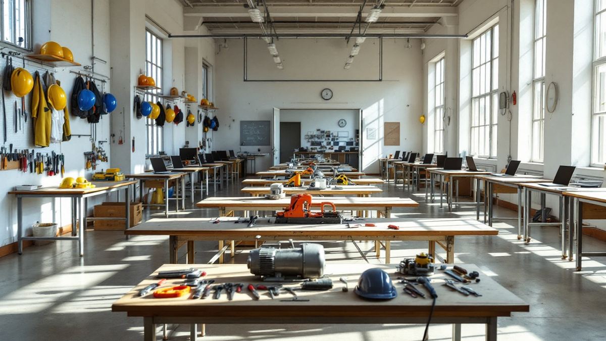 Workbenches with hand tools, a motor and safety helmets in a sunlit vocational training workshop