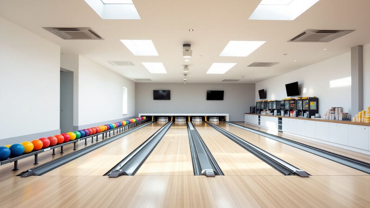 Empty bowling lanes with colourful bowling balls and a snack counter under skylights