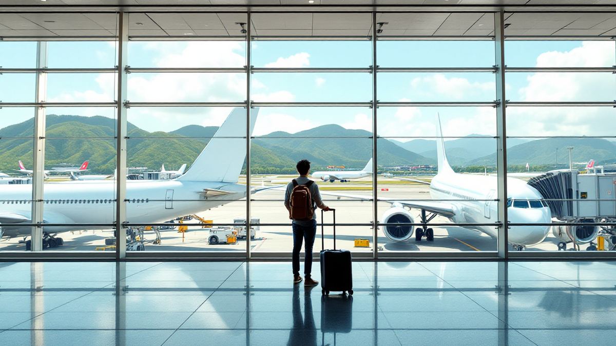 A traveller with a backpack and suitcase looking out of an airport window at white planes and green hills