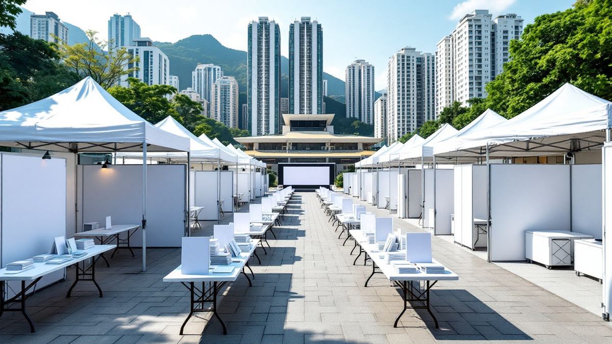 Rows of white career fair booths and tables in a courtyard below tower blocks and green hills