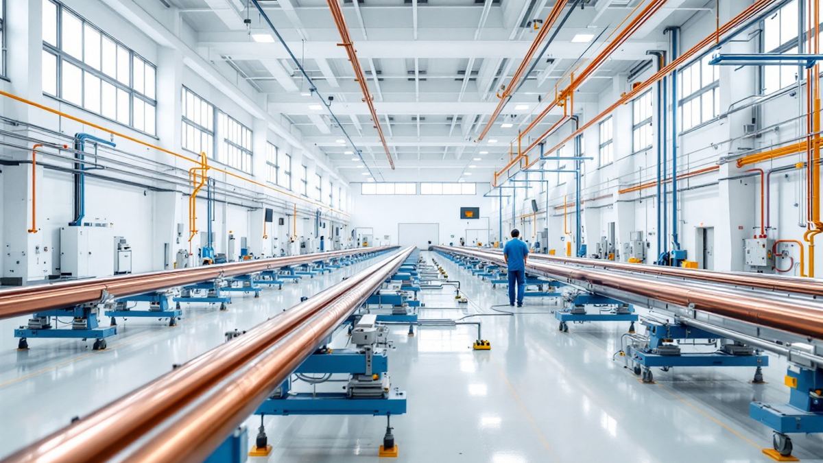Long copper beamline sections of a particle accelerator in a bright industrial hall
