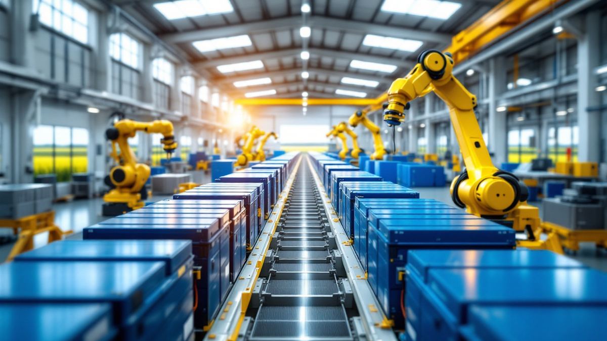 Blue battery modules on an assembly line between yellow robotic arms in a bright factory