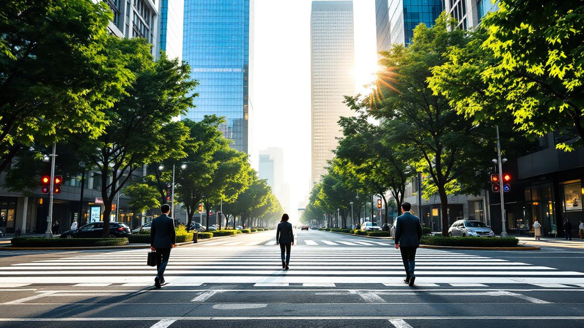 Office workers seen from behind crossing a wide tree-lined street between glass towers