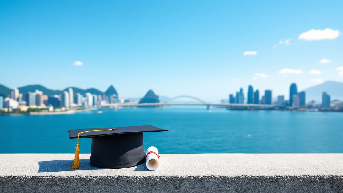 A graduation cap and rolled diploma on a stone ledge by the water with a city skyline behind