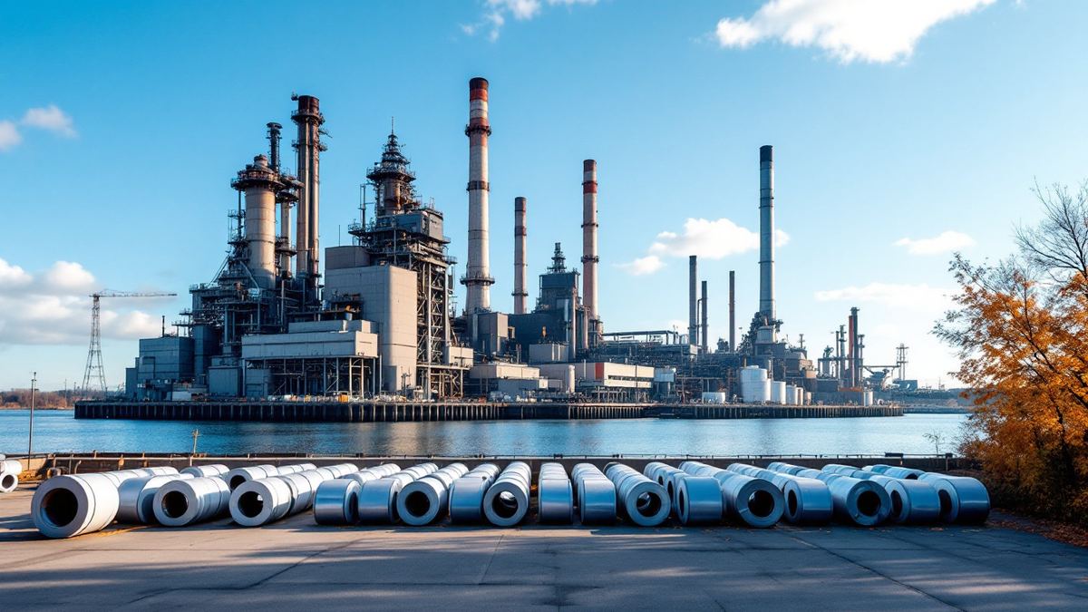 A steel mill with tall stacks on a harbour with rolled steel coils lined up in the foreground