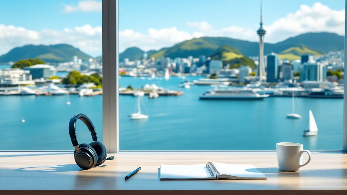 A headset, notepad and mug on a desk by a window overlooking a harbour with sailboats