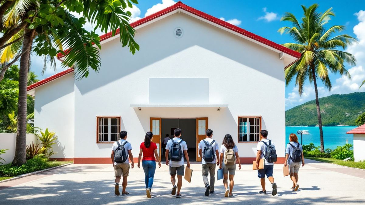 Jobseekers holding folders walking toward a white hall with a red roof among palm trees