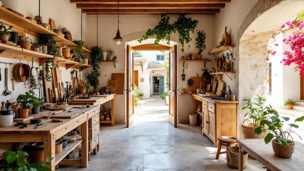 A sunlit artisan workshop in a Cypriot village with wooden workbenches, hand tools and potted plants
