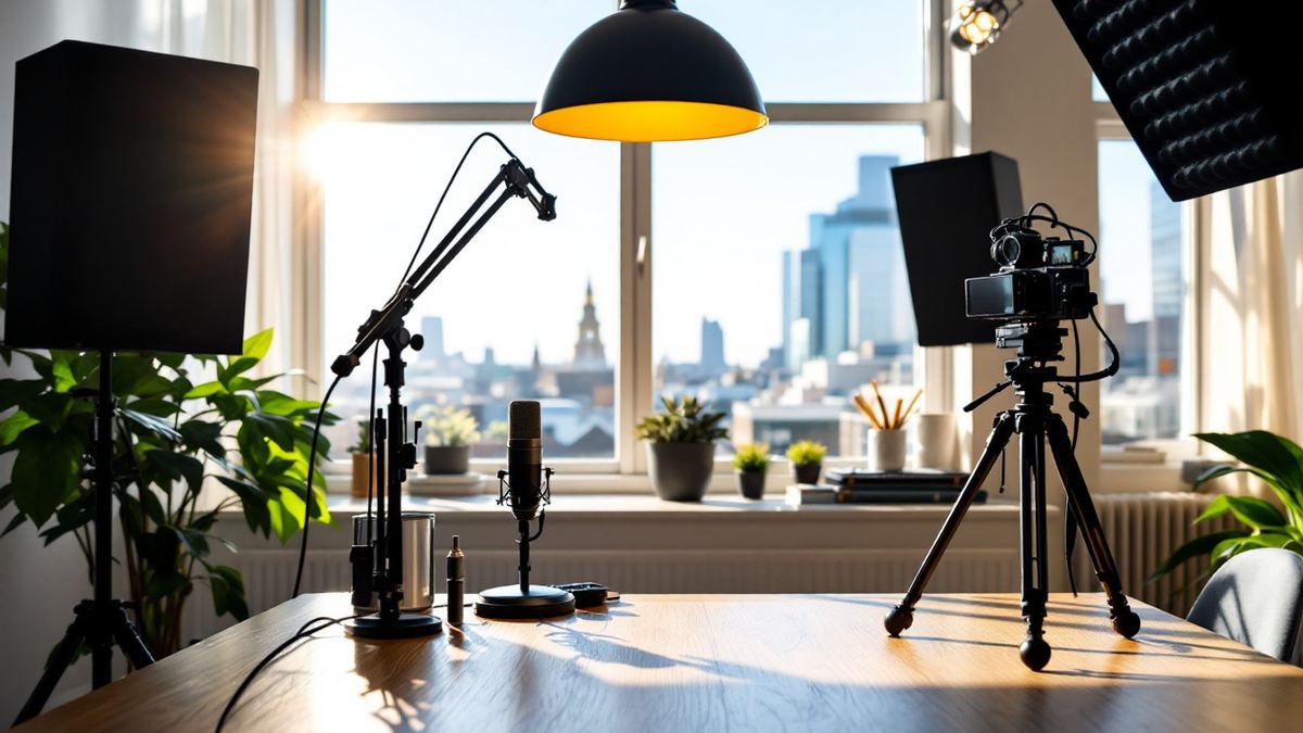 Studio microphones and a camera on a tripod on a wooden desk by a window overlooking London rooftops
