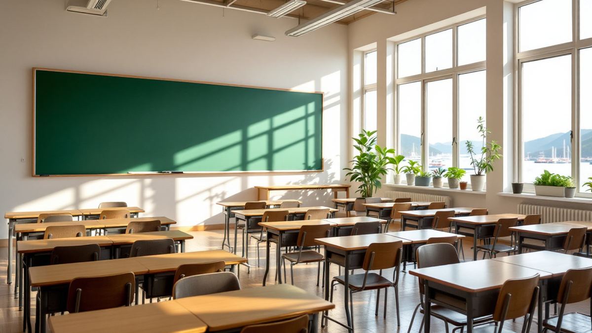 An empty sunlit secondary school classroom with wooden desks and a green chalkboard by windows onto the sea