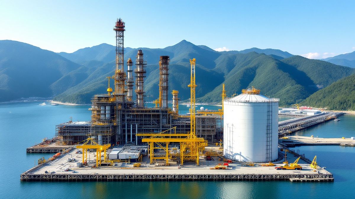 A liquefied natural gas plant with a large storage tank and cranes on a mountain-ringed coastal inlet