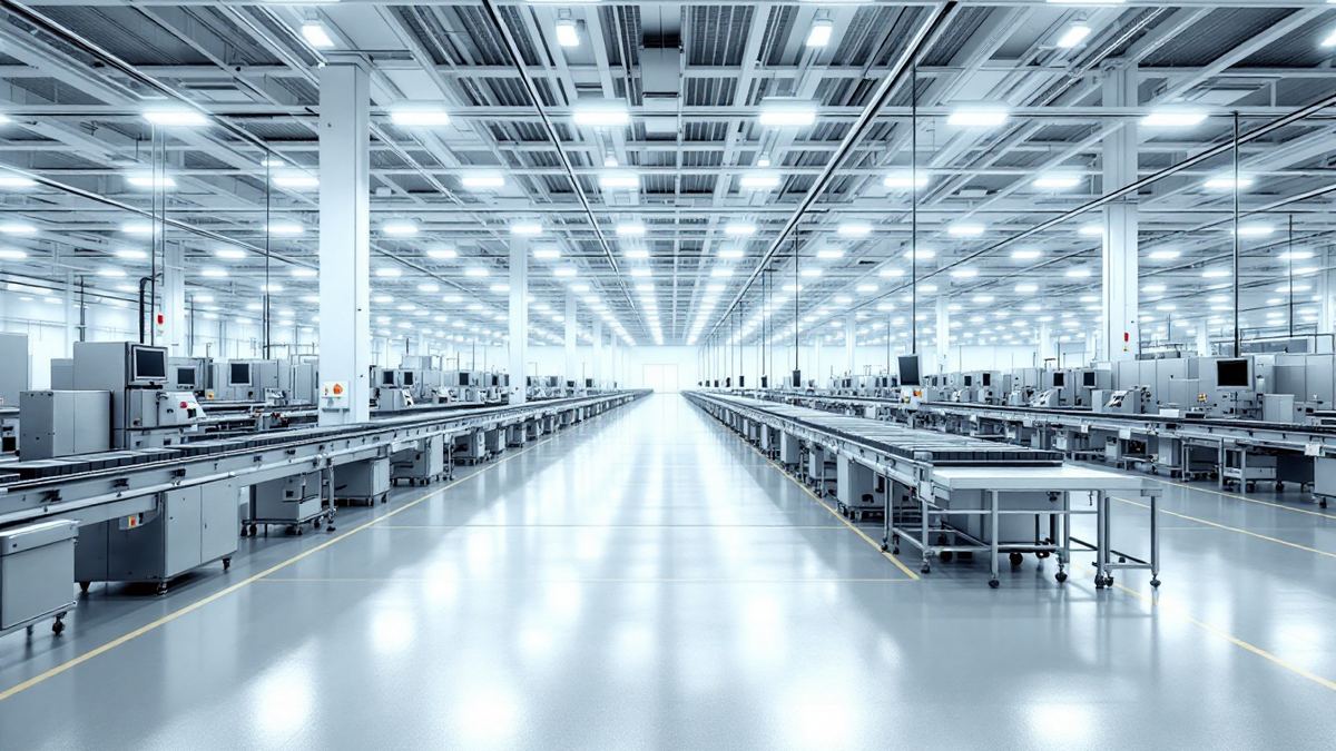 Long rows of automated production lines on a bright battery cell factory floor