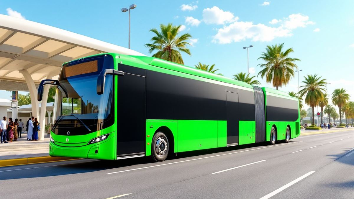 A green articulated bus at a modern bus rapid transit station lined with palm trees