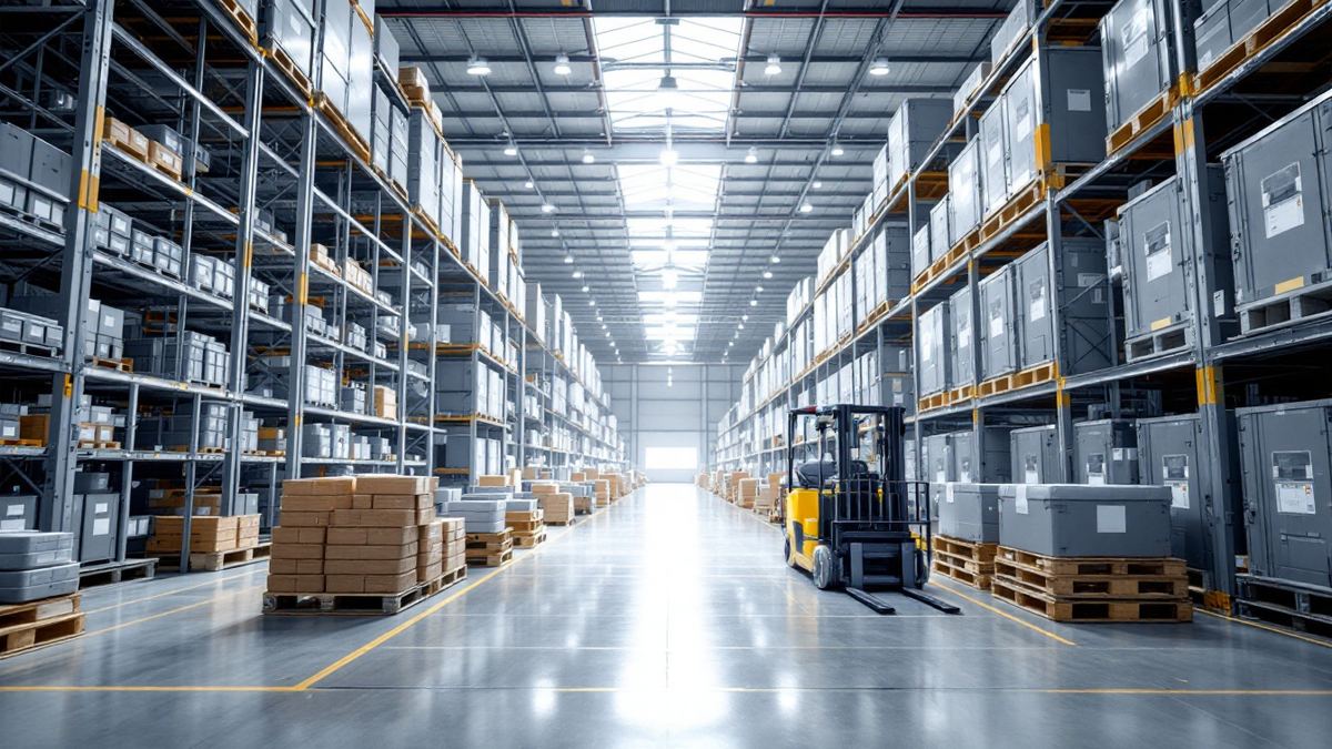 A tall warehouse aisle with racks of parts crates, pallets and a yellow forklift