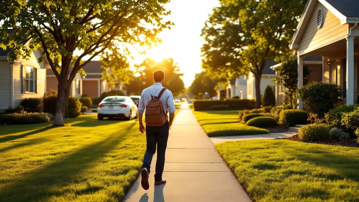 A man with a backpack seen from behind walking along a sunny suburban sidewalk past houses and lawns