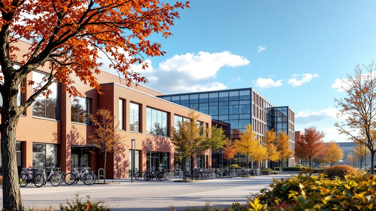 A red brick factory hall and glass office block with bicycle racks and autumn trees under a blue sky