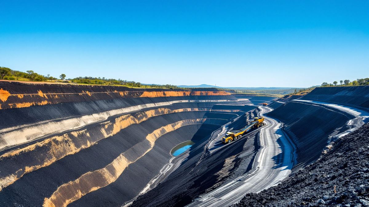 A terraced open-cut coal mine with haul trucks on a winding road under a clear sky