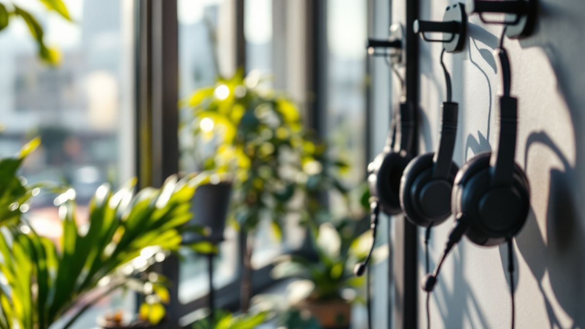 Black call centre headsets hanging on wall hooks beside sunny windows and green plants