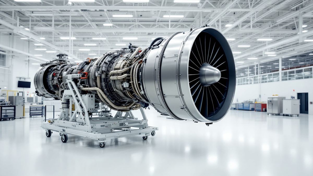 A military turbofan jet engine on an assembly stand in a bright engine manufacturing hall