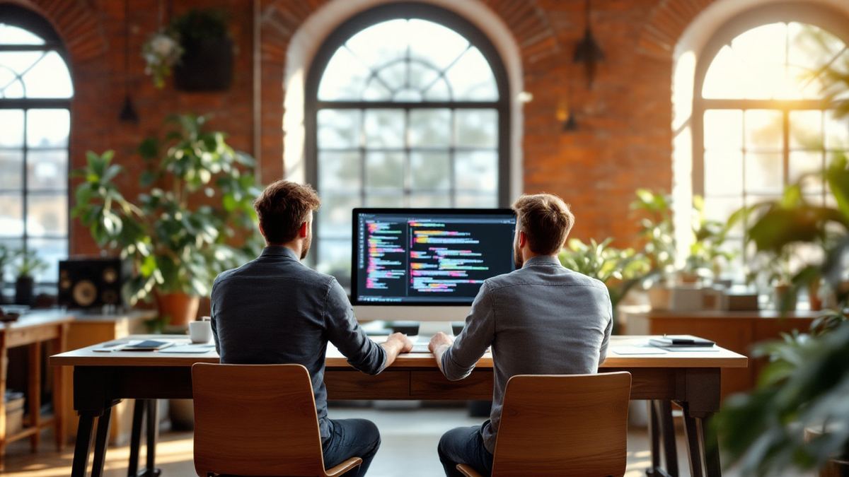Two engineers working at a desk in a red-brick Belfast office, seen from behind