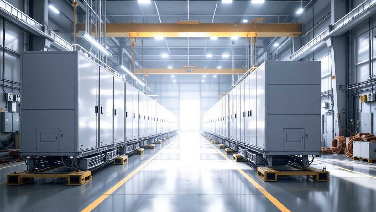 Grid-scale battery storage enclosures lined up in a new factory hall